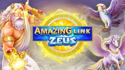 Portada del juego Amazing Link Zeus: Zeus con un rayo en la mano junto a un águila y un pegaso blanco
