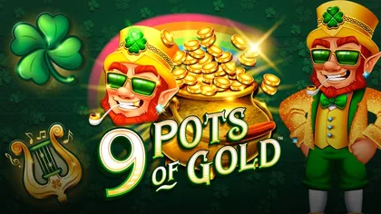 Portada del juego 9 Pots of Gold: duende con sombrero verde junto a una olla de monedas doradas, un arcoíris y un arpa