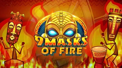 Portada del juego 9 Masks of Fire: máscara africana dorada entre llamas flanqueada por dos máscaras de madera