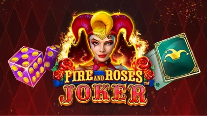 Portada del juego Fire and Roses Joker: figura de comodín con gorro rojo y amarillo entre llamas, dados y una carta