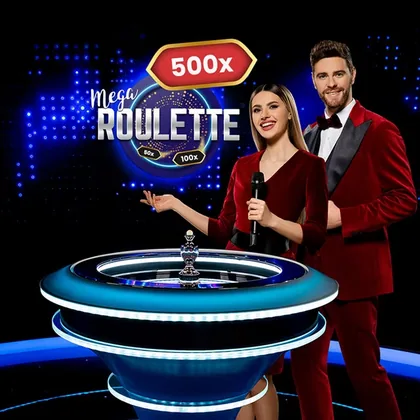 Portada del juego en vivo Mega Roulette: presentadores junto a una mesa de ruleta con iluminación azul de neón