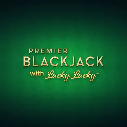 Portada del juego Premier Blackjack with Lucky Lucky: letras doradas sobre fondo verde oscuro con patrón de rombos