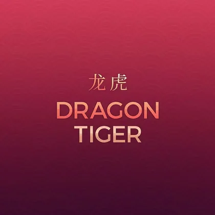 Portada del juego Dragon Tiger: caracteres chinos dorados sobre fondo rojo burdeos con un patrón ondulado