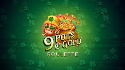 Portada del juego 9 Pots of Gold Roulette: duende y olla de oro sobre fondo verde oscuro con hojas de trébol