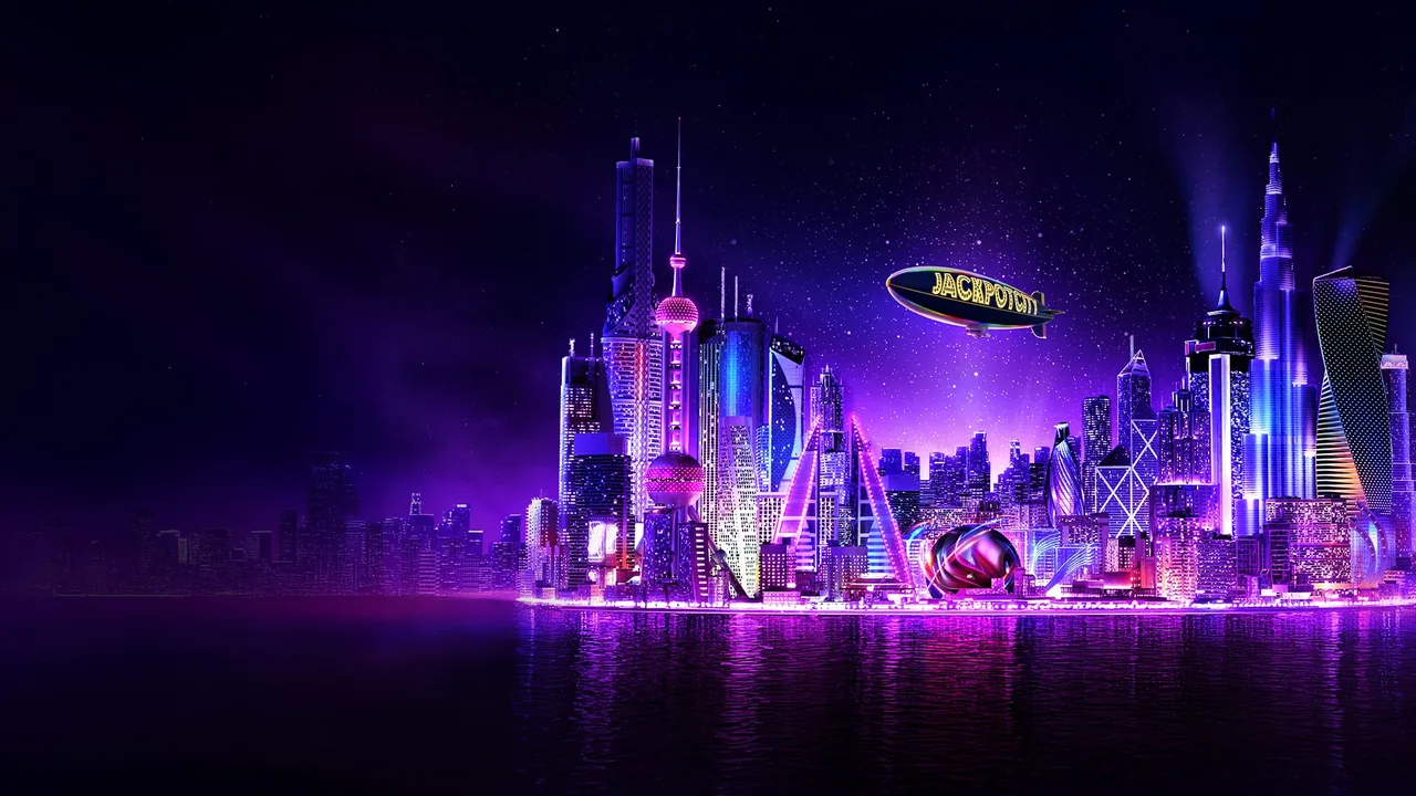 Imagen de marca de JackpotCity: metrópolis futurista nocturna en tonos violeta y azul con rascacielos reflejados en el agua